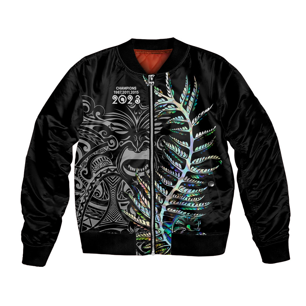 Black bomber jacket with front zipper and large fern graphic, ribbed cuffs and hem