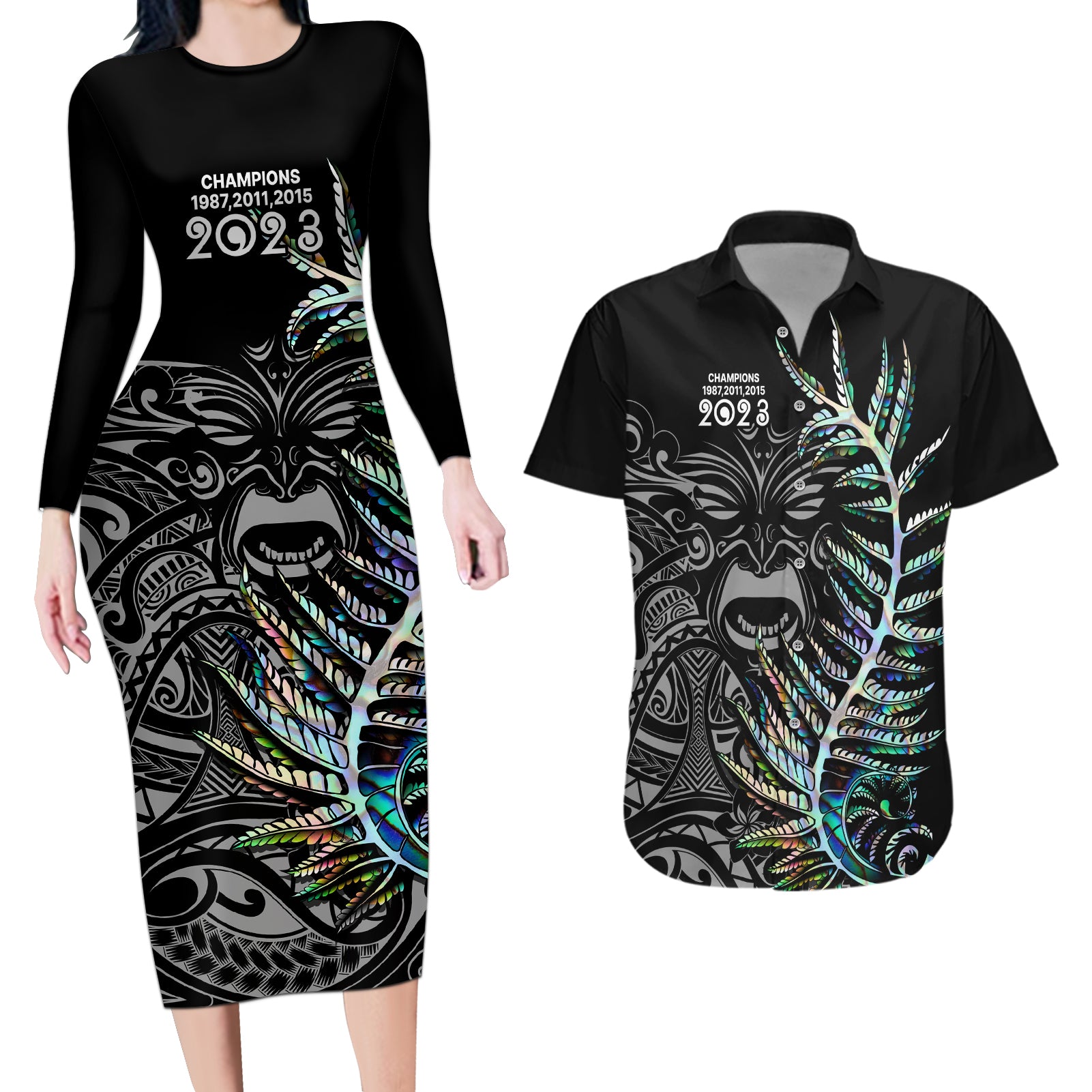 New Zealand Rugby Couples Matching Long Sleeve Bodycon Dress and Hawaiian Shirt NZ Black Fern Champions History With Papua Shell LT9 - Wonder Print Shop