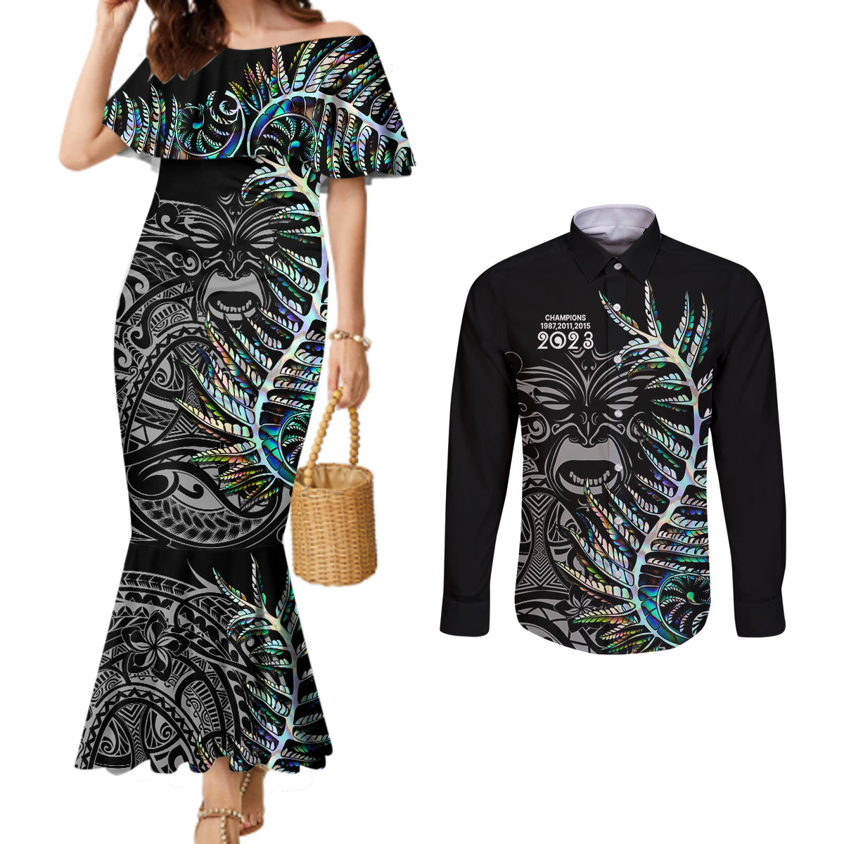 new-zealand-rugby-couples-matching-mermaid-dress-and-long-sleeve-button-shirt-nz-black-fern-champions-history-with-papua-shell