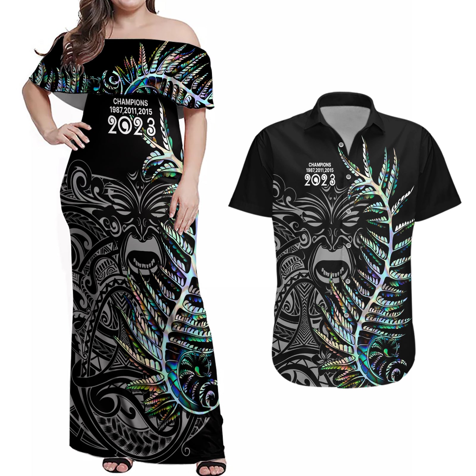 New Zealand Rugby Couples Matching Off Shoulder Maxi Dress and Hawaiian Shirt NZ Black Fern Champions History With Papua Shell LT9 - Wonder Print Shop