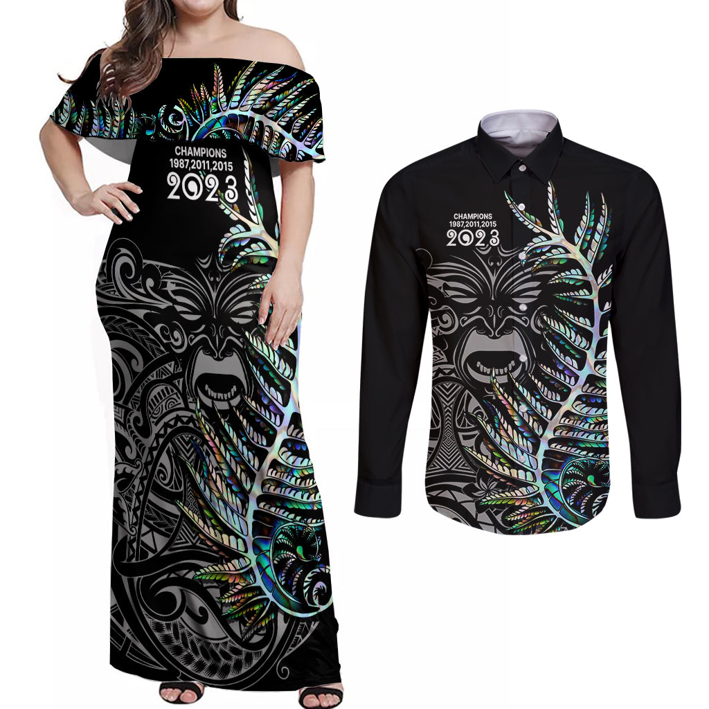 New Zealand Rugby Couples Matching Off Shoulder Maxi Dress and Long Sleeve Button Shirt NZ Black Fern Champions History With Papua Shell LT9 - Wonder Print Shop