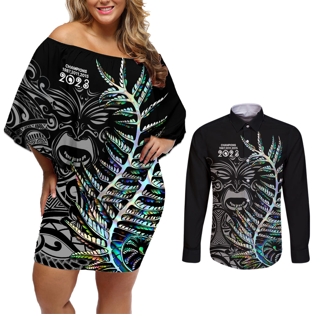 New Zealand Rugby Couples Matching Off Shoulder Short Dress and Long Sleeve Button Shirt NZ Black Fern Champions History With Papua Shell LT9 - Wonder Print Shop