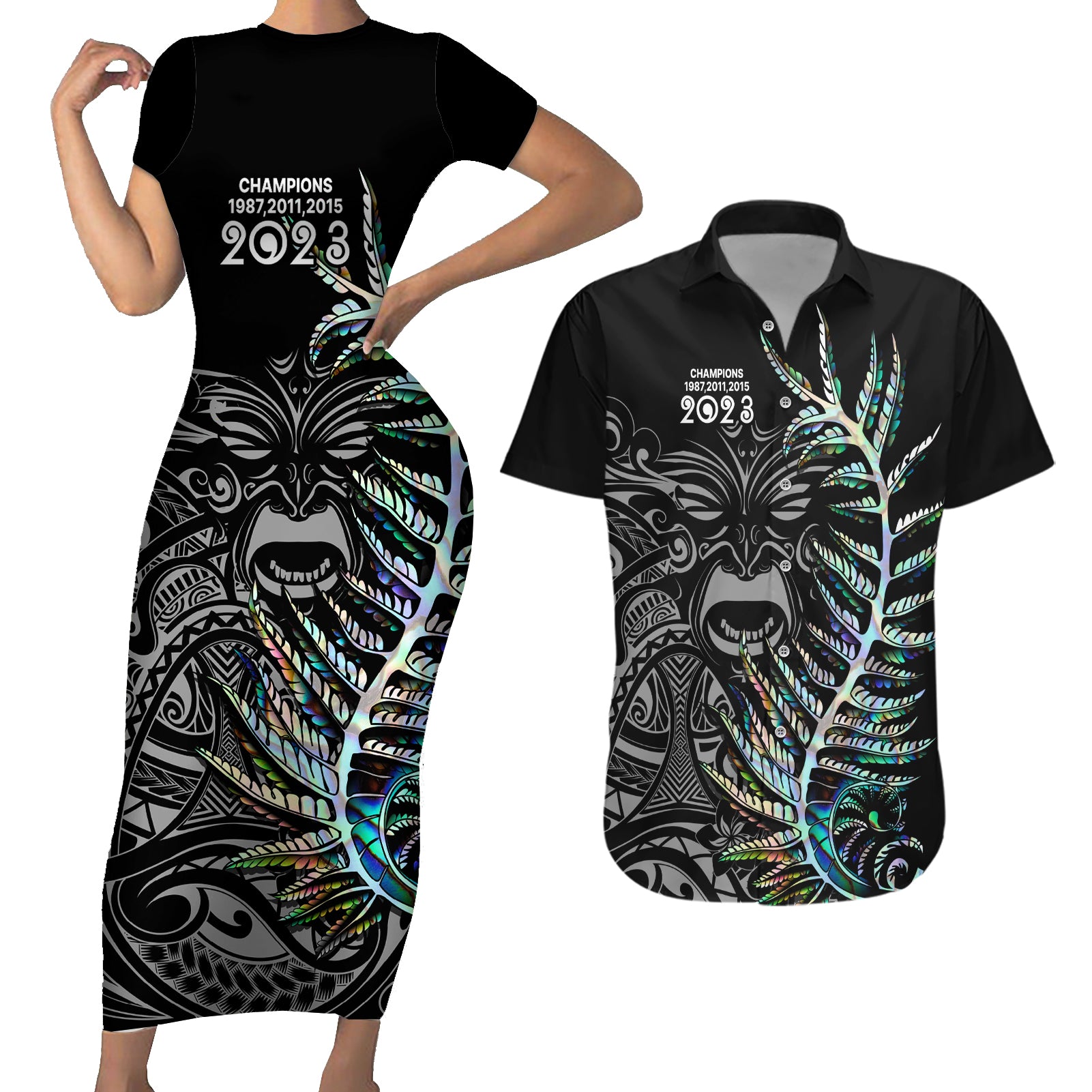 New Zealand Rugby Couples Matching Short Sleeve Bodycon Dress and Hawaiian Shirt NZ Black Fern Champions History With Papua Shell LT9 - Wonder Print Shop