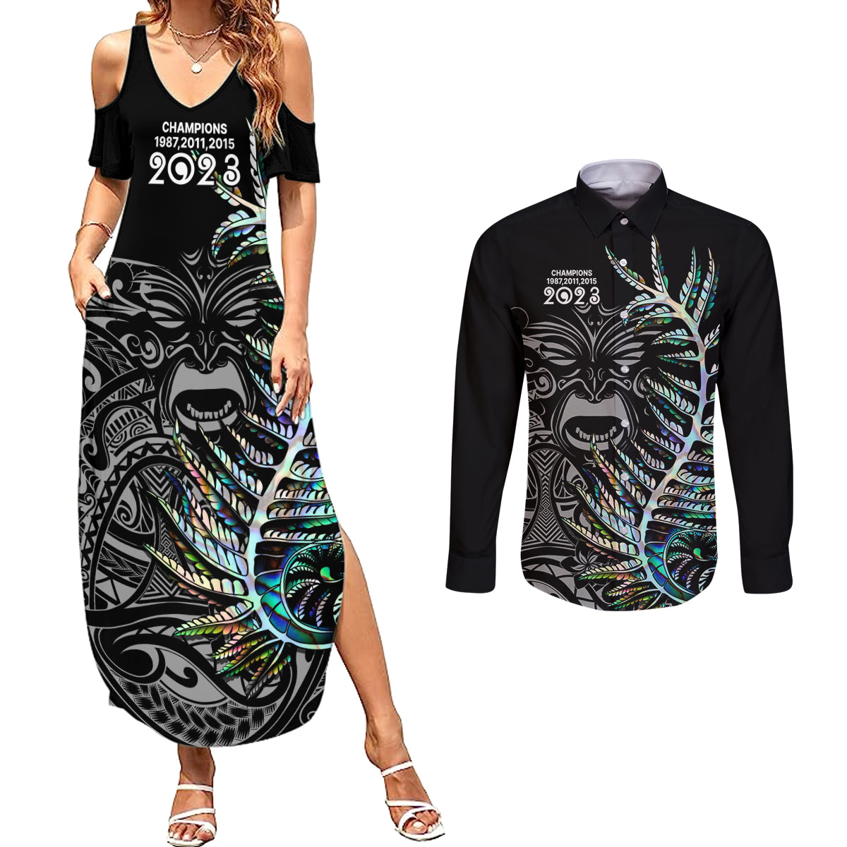 New Zealand Rugby Couples Matching Summer Maxi Dress and Long Sleeve Button Shirt NZ Black Fern Champions History With Papua Shell LT9 - Wonder Print Shop