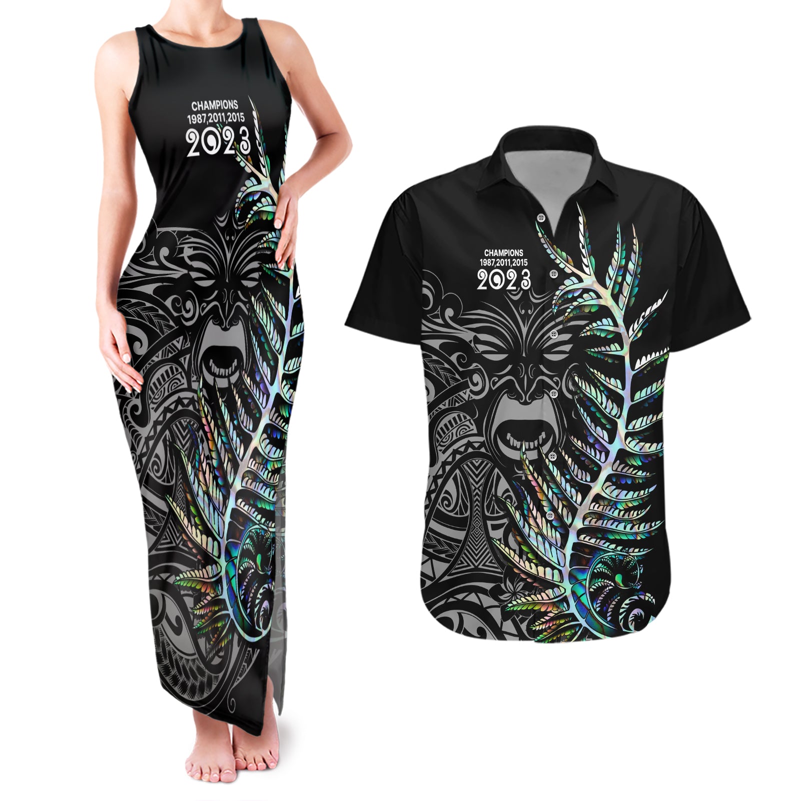 New Zealand Rugby Couples Matching Tank Maxi Dress and Hawaiian Shirt NZ Black Fern Champions History With Papua Shell LT9 - Wonder Print Shop