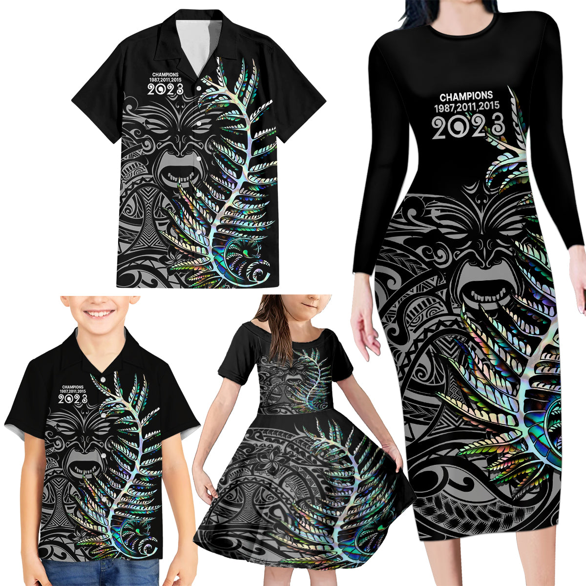 New Zealand Rugby Family Matching Long Sleeve Bodycon Dress and Hawaiian Shirt NZ Black Fern Champions History With Papua Shell LT9 - Wonder Print Shop