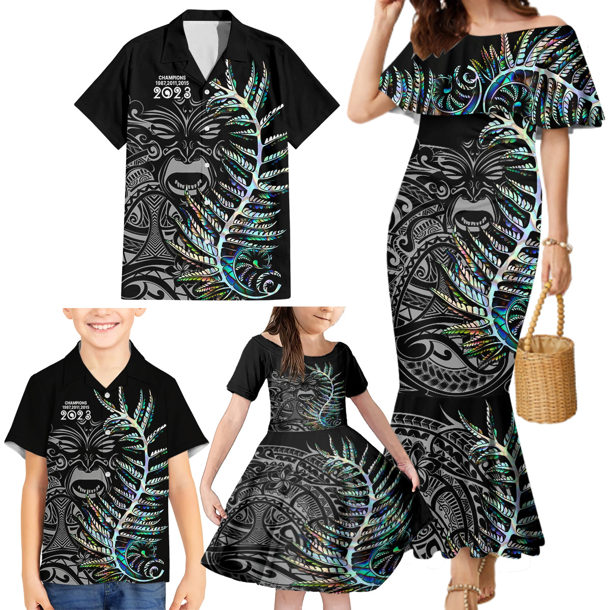 New Zealand Rugby Family Matching Mermaid Dress and Hawaiian Shirt NZ Black Fern Champions History With Papua Shell LT9 - Wonder Print Shop