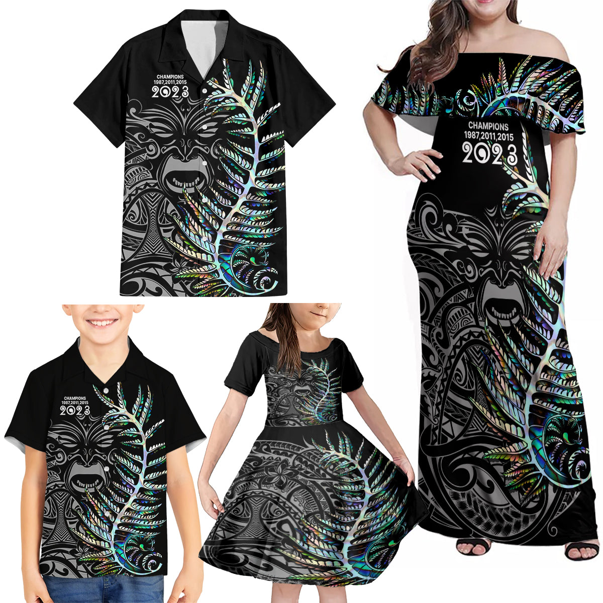 New Zealand Rugby Family Matching Off Shoulder Maxi Dress and Hawaiian Shirt NZ Black Fern Champions History With Papua Shell LT9 - Wonder Print Shop