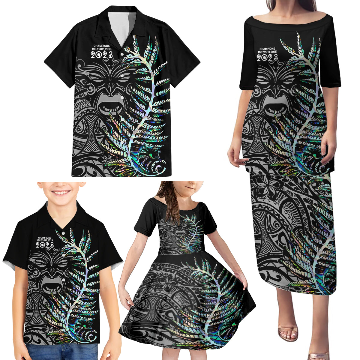 New Zealand Rugby Family Matching Puletasi Dress and Hawaiian Shirt NZ Black Fern Champions History With Papua Shell - Wonder Print Shop