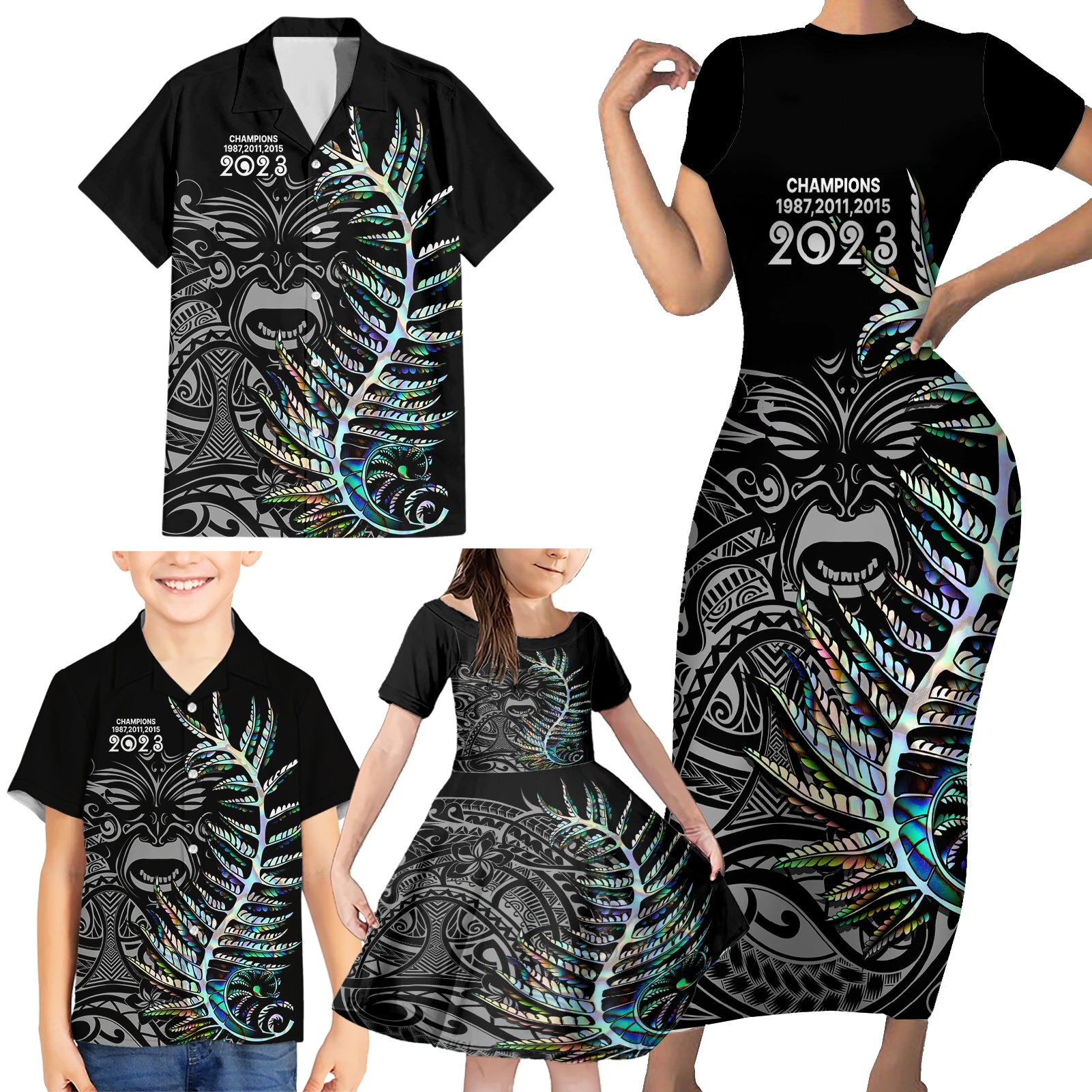 New Zealand Rugby Family Matching Short Sleeve Bodycon Dress and Hawaiian Shirt NZ Black Fern Champions History With Papua Shell - Wonder Print Shop