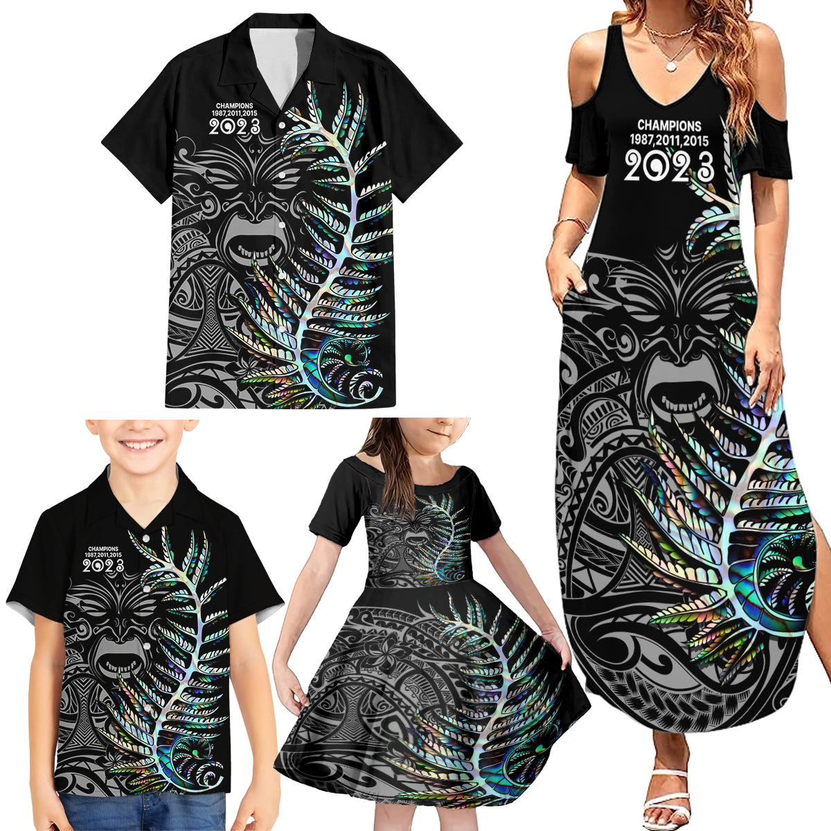 New Zealand Rugby Family Matching Summer Maxi Dress and Hawaiian Shirt NZ Black Fern Champions History With Papua Shell - Wonder Print Shop