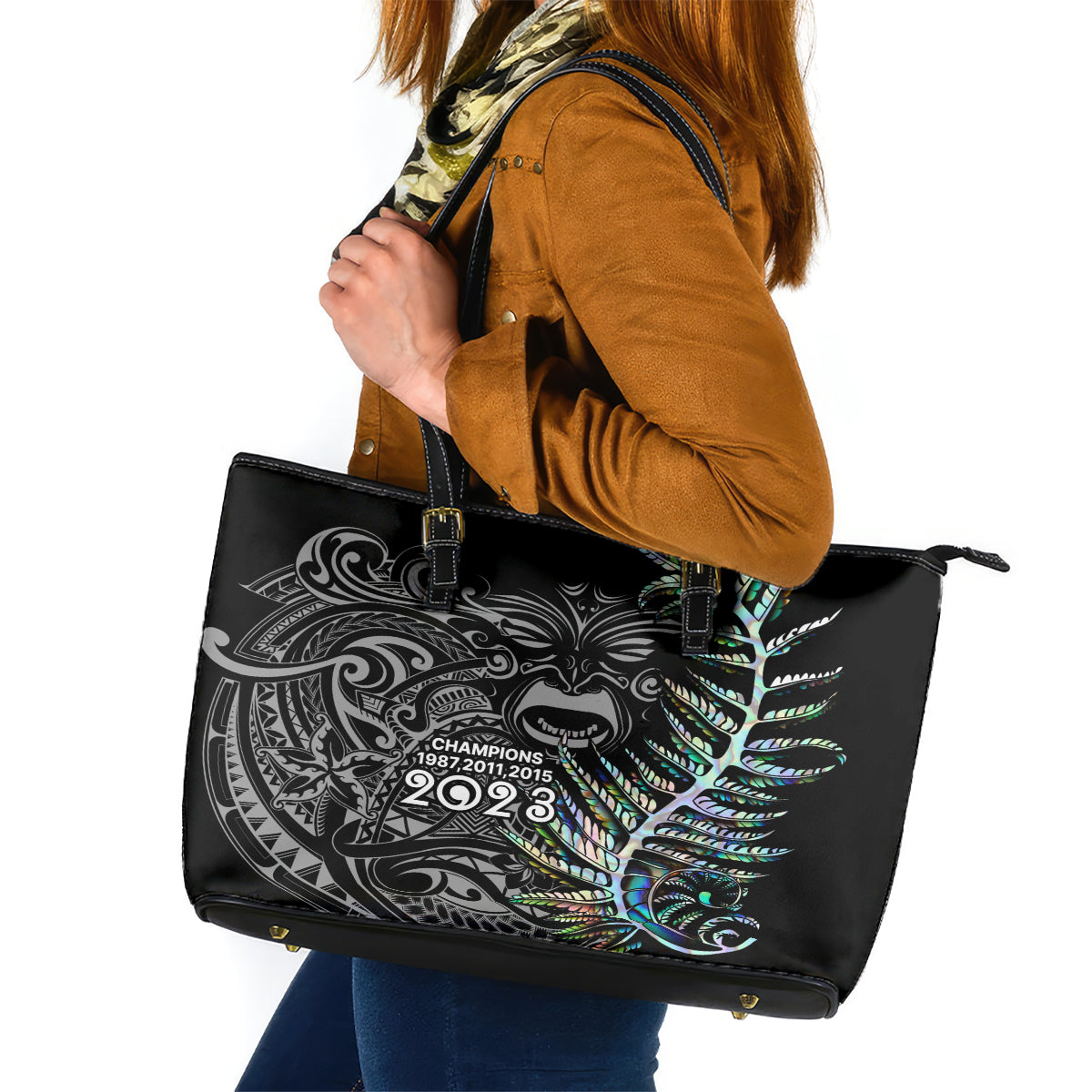 New Zealand Rugby Leather Tote Bag NZ Black Fern Champions History With Papua Shell - Wonder Print Shop