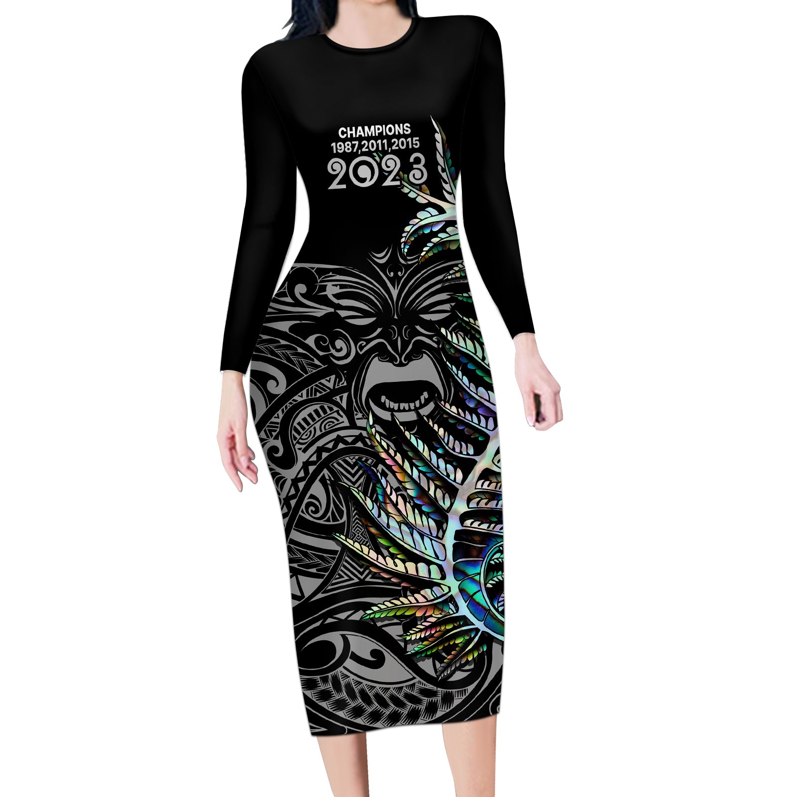 New Zealand Rugby Long Sleeve Bodycon Dress NZ Black Fern Champions History With Papua Shell - Wonder Print Shop