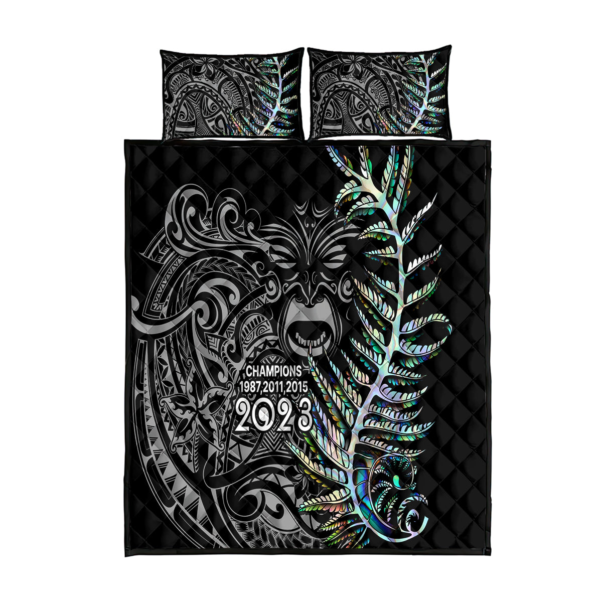 Black quilt bed set with two pillows, tribal pattern and neon green fern on black