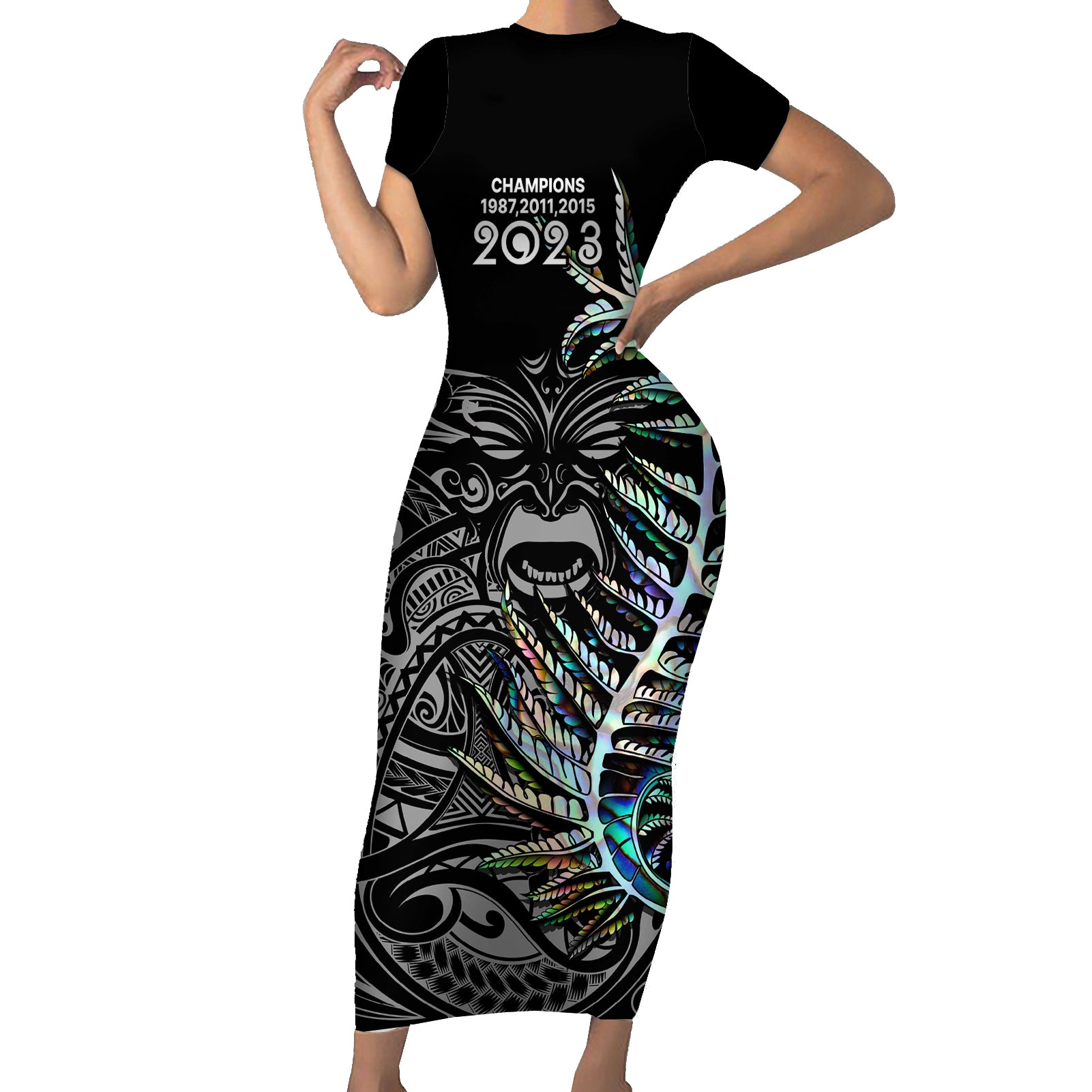 New Zealand Rugby Short Sleeve Bodycon Dress NZ Black Fern Champions History With Papua Shell - Wonder Print Shop