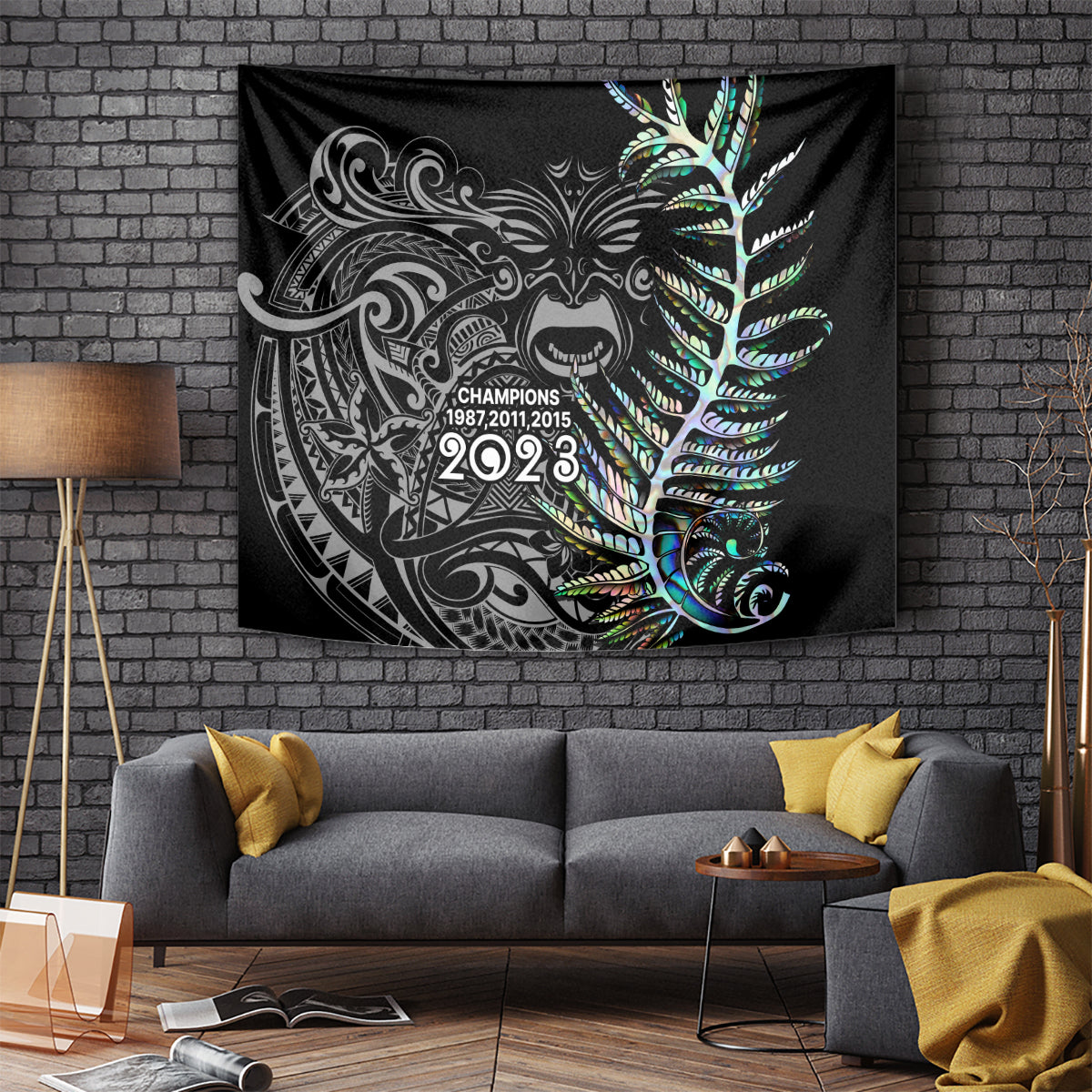 Black tapestry with silver fern leaf and 2023 Champions emblem, wall-hanging style