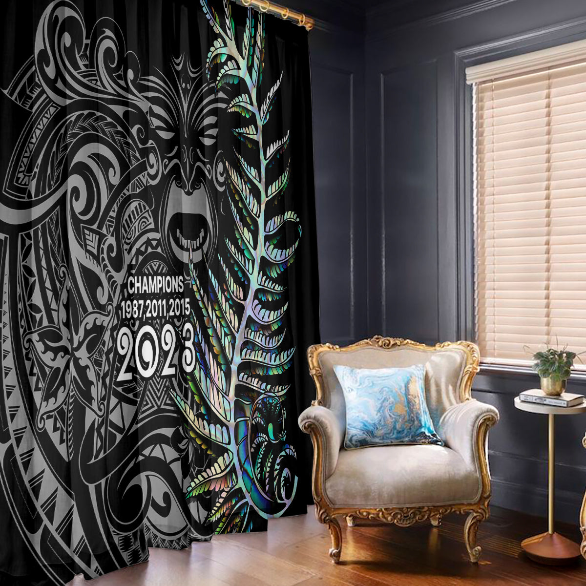 Black window curtain pair with teal-and-green fern graphic and “2023” text