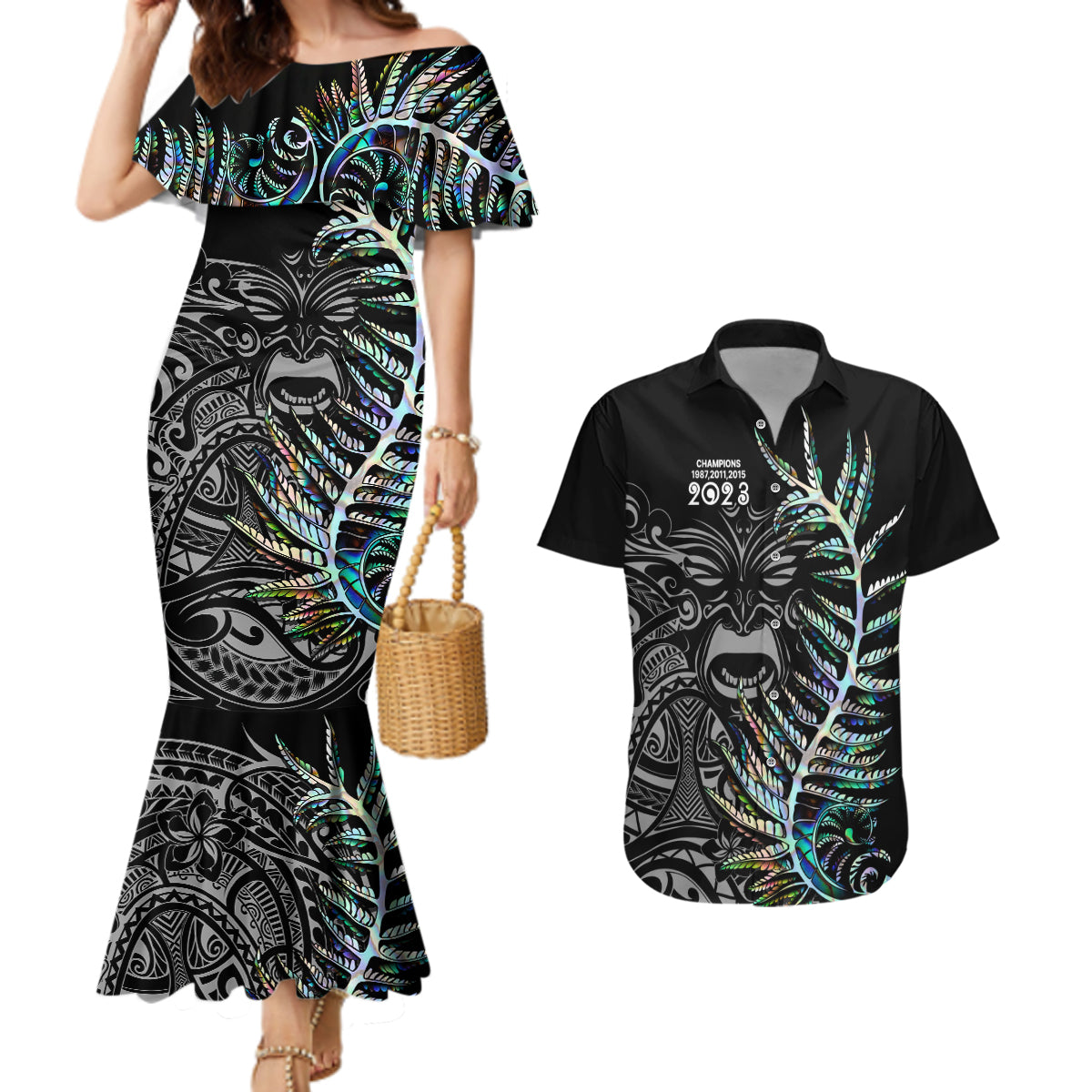 Custom New Zealand Rugby Couples Matching Mermaid Dress and Hawaiian Shirt NZ Black Fern Champions History With Papua Shell LT9 - Wonder Print Shop