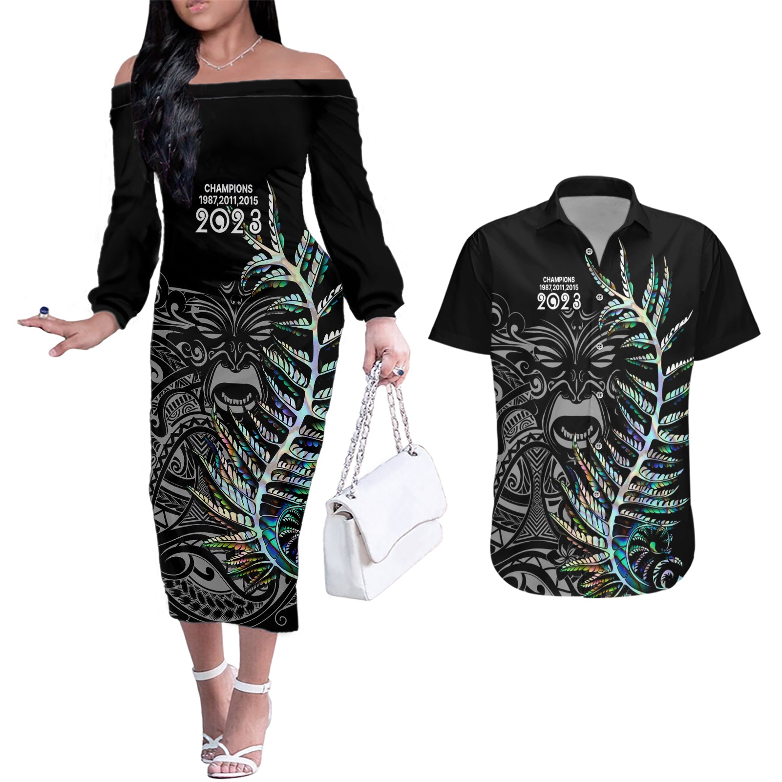 Custom New Zealand Rugby Couples Matching Off The Shoulder Long Sleeve Dress and Hawaiian Shirt NZ Black Fern Champions History With Papua Shell LT9 - Wonder Print Shop