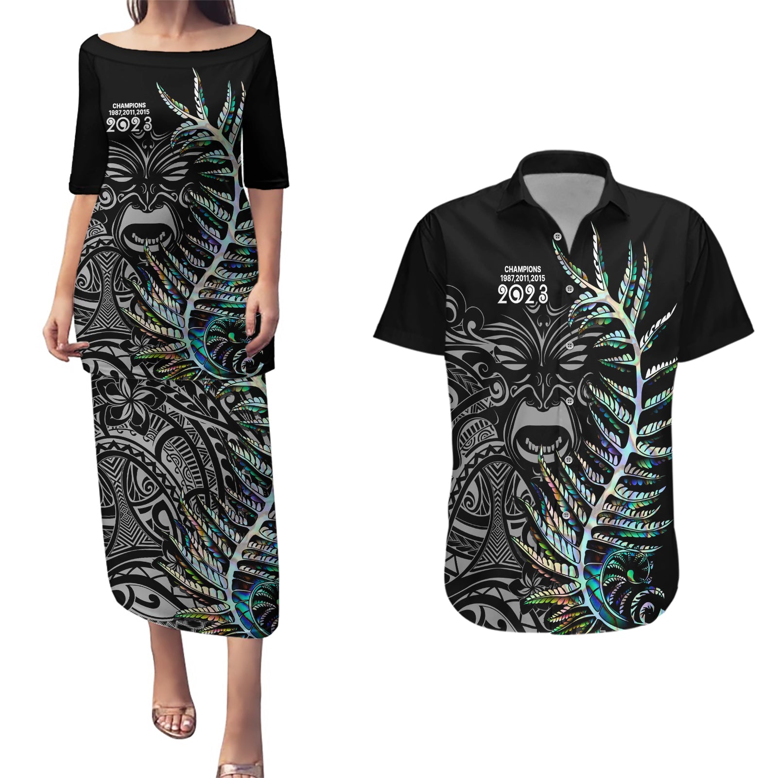 Custom New Zealand Rugby Couples Matching Puletasi Dress and Hawaiian Shirt NZ Black Fern Champions History With Papua Shell LT9 - Wonder Print Shop