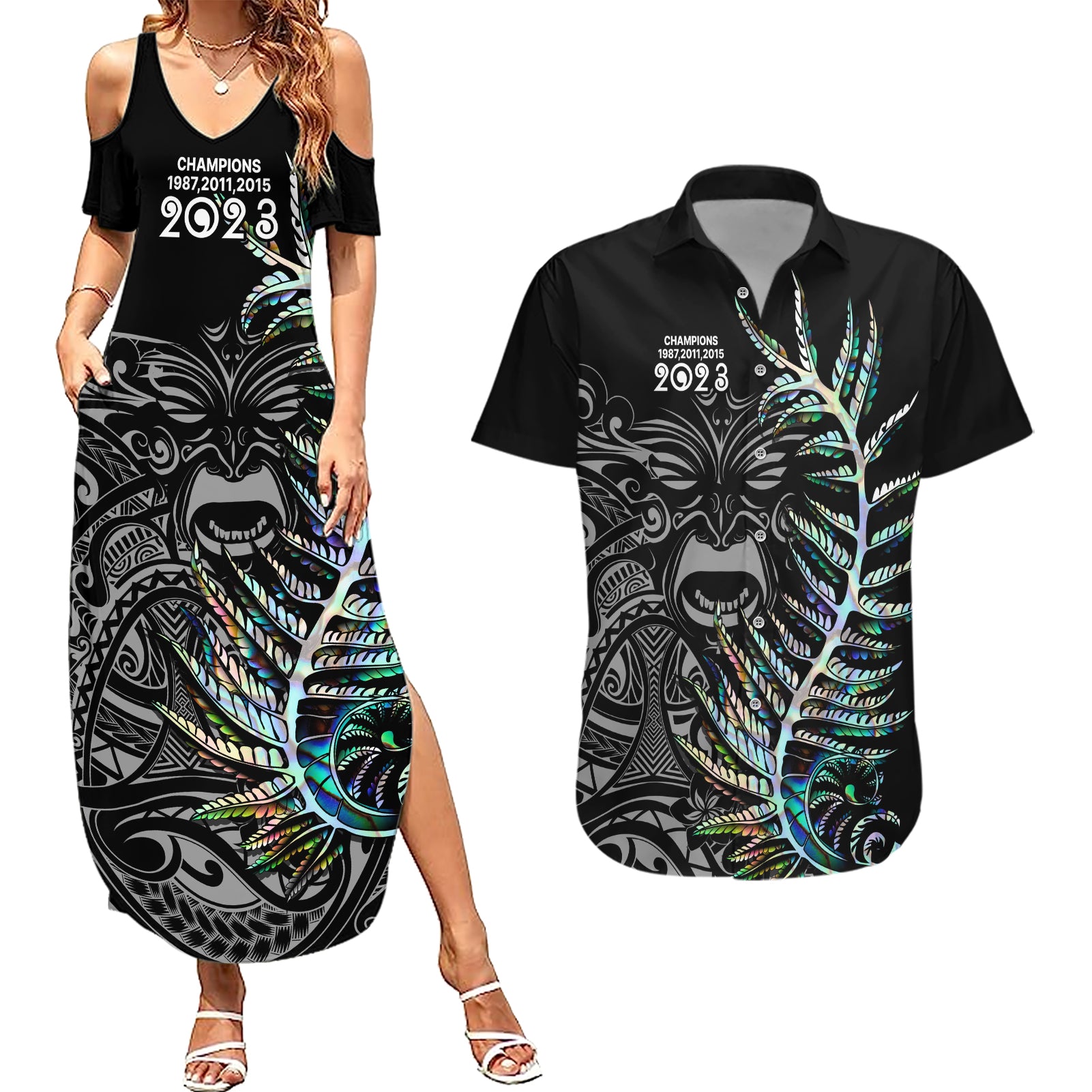 Custom New Zealand Rugby Couples Matching Summer Maxi Dress and Hawaiian Shirt NZ Black Fern Champions History With Papua Shell LT9 - Wonder Print Shop