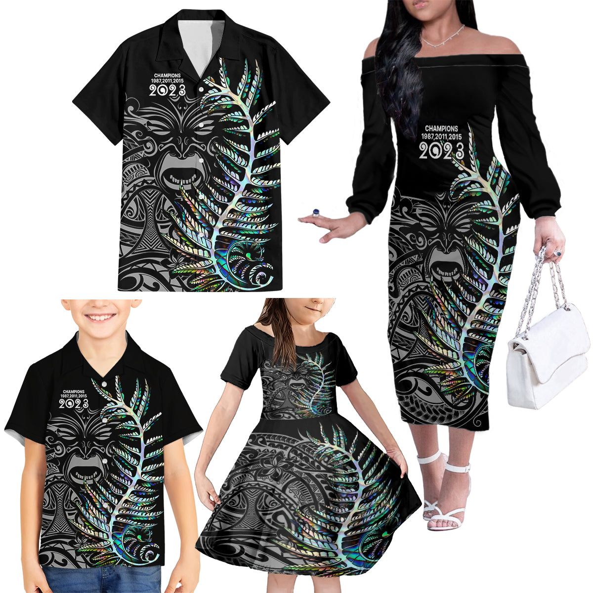 Custom New Zealand Rugby Family Matching Off Shoulder Long Sleeve Dress and Hawaiian Shirt NZ Black Fern Champions History With Papua Shell - Wonder Print Shop