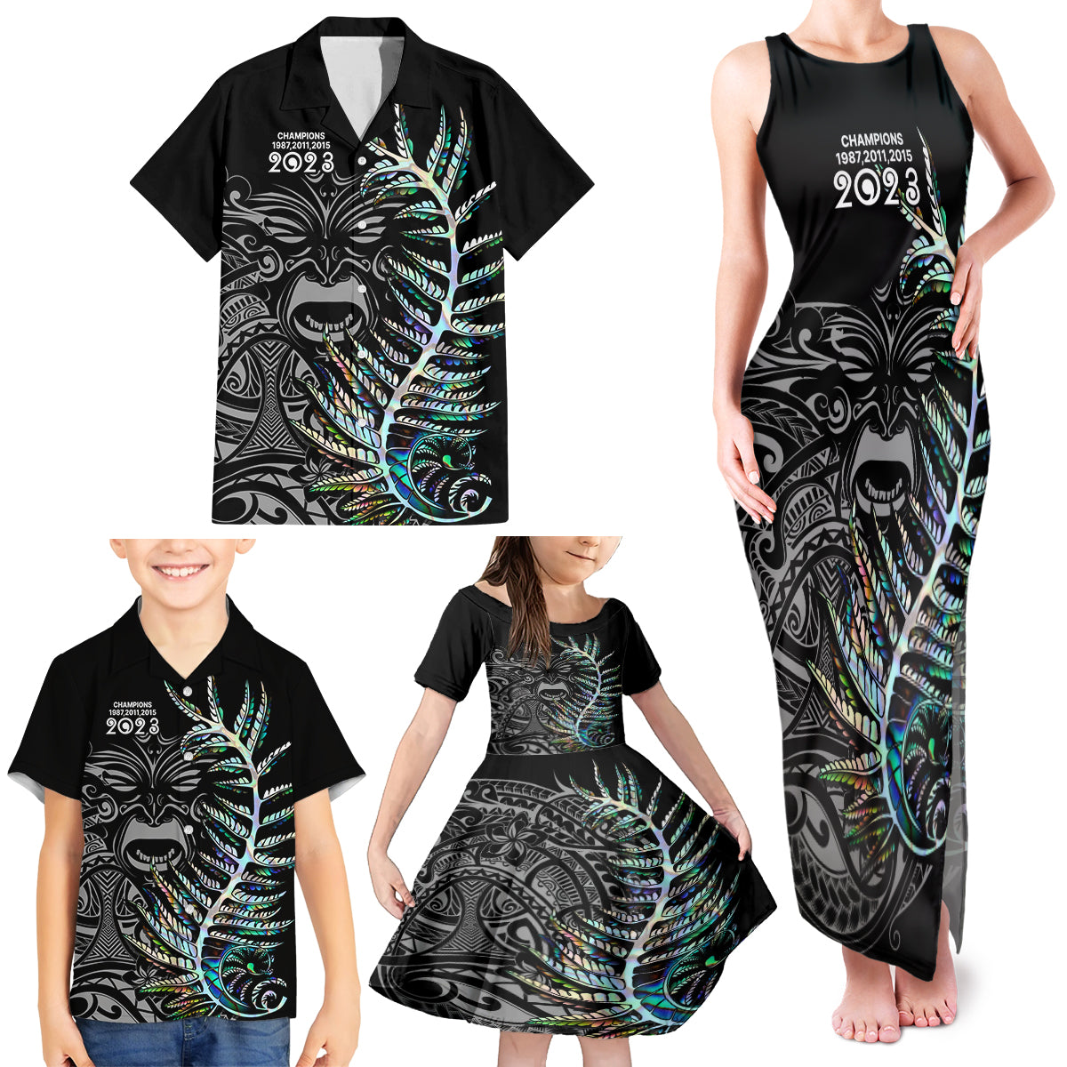 Custom New Zealand Rugby Family Matching Tank Maxi Dress and Hawaiian Shirt NZ Black Fern Champions History With Papua Shell - Wonder Print Shop