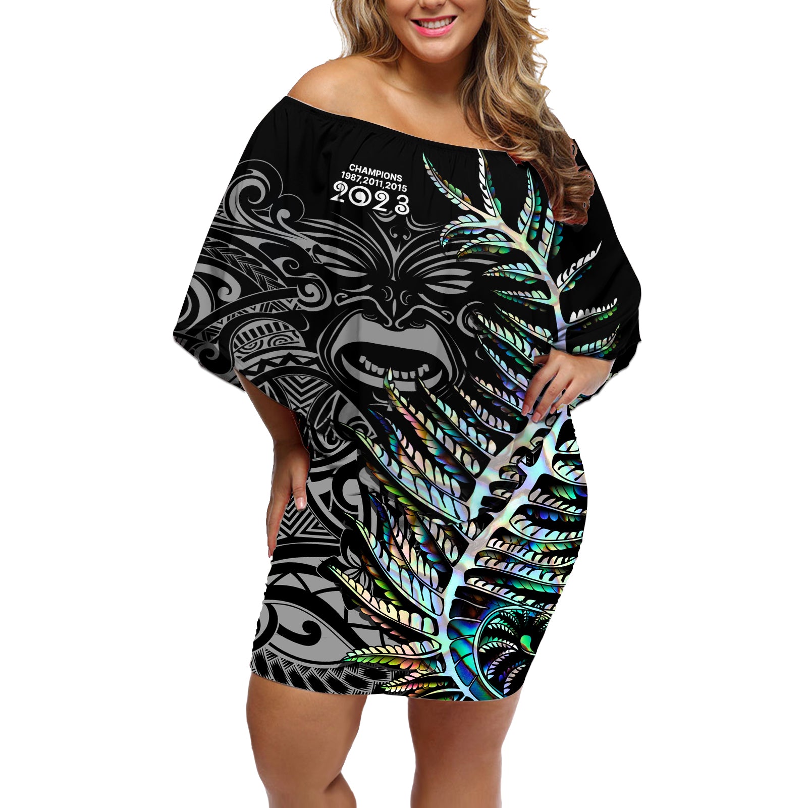 Custom New Zealand Rugby Off Shoulder Short Dress NZ Black Fern Champions History With Papua Shell - Wonder Print Shop