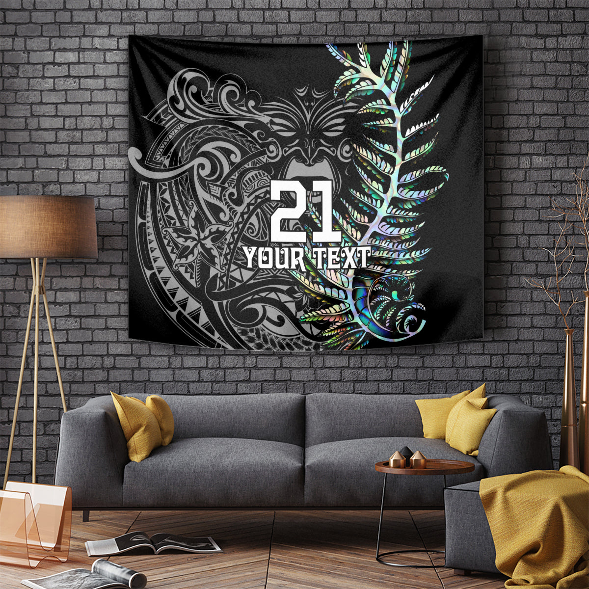 Black tapestry wall hanging with silver Maori patterns, number 21, and custom text placeholder