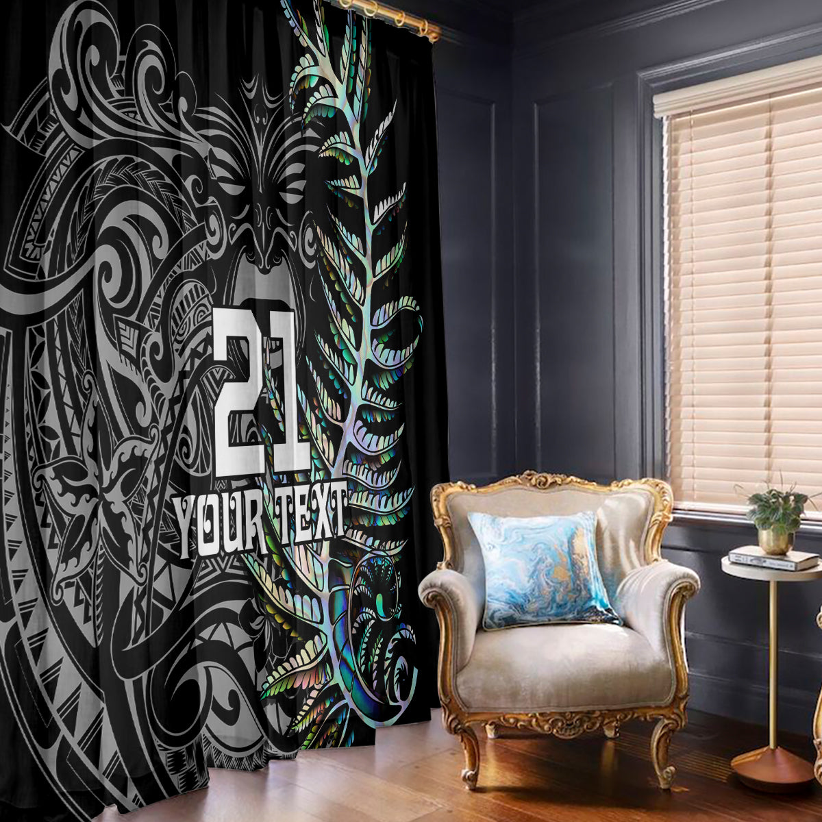 Black window curtain with tribal swirls, green fern leaves, and bold number text