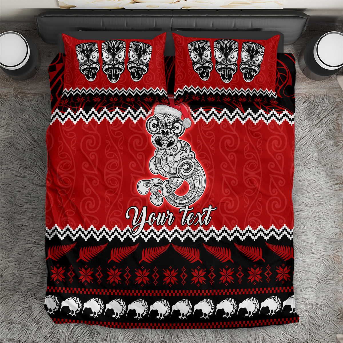 Red Christmas bedding set with Maori tiki-style graphics, black and white pattern borders.