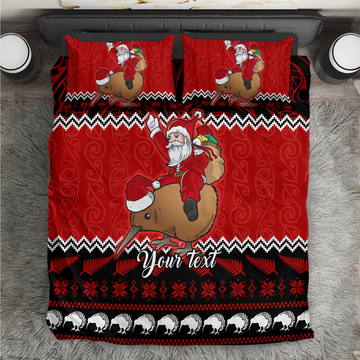 Personalised red Christmas bedding set with Santa and kiwi, two matching pillowcases