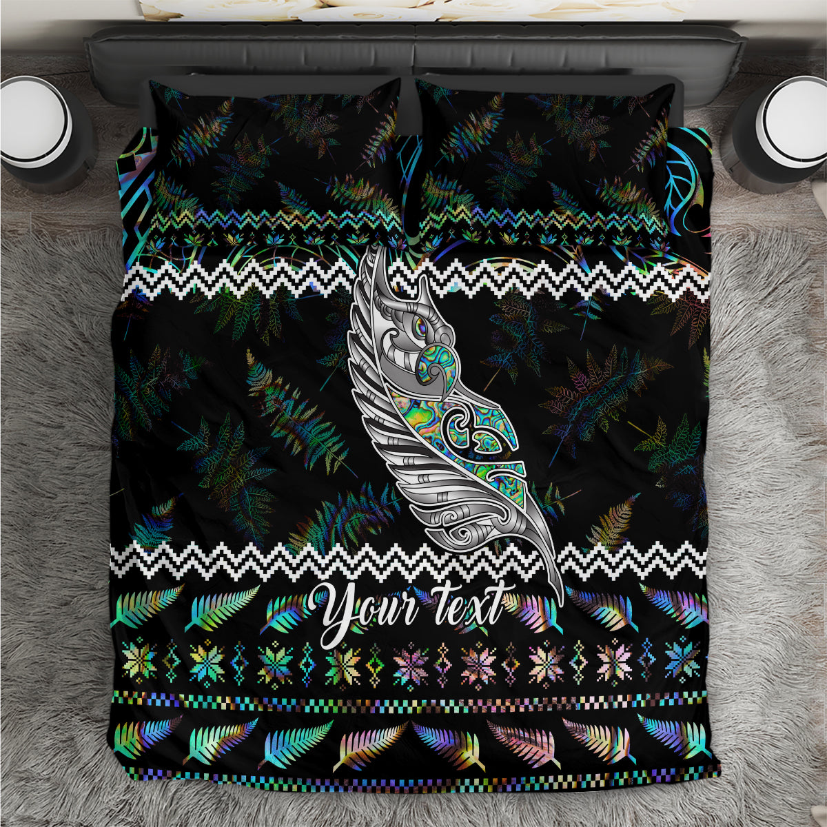 Black duvet cover bedding set with two pillowcases, fern and manaia pattern, custom text