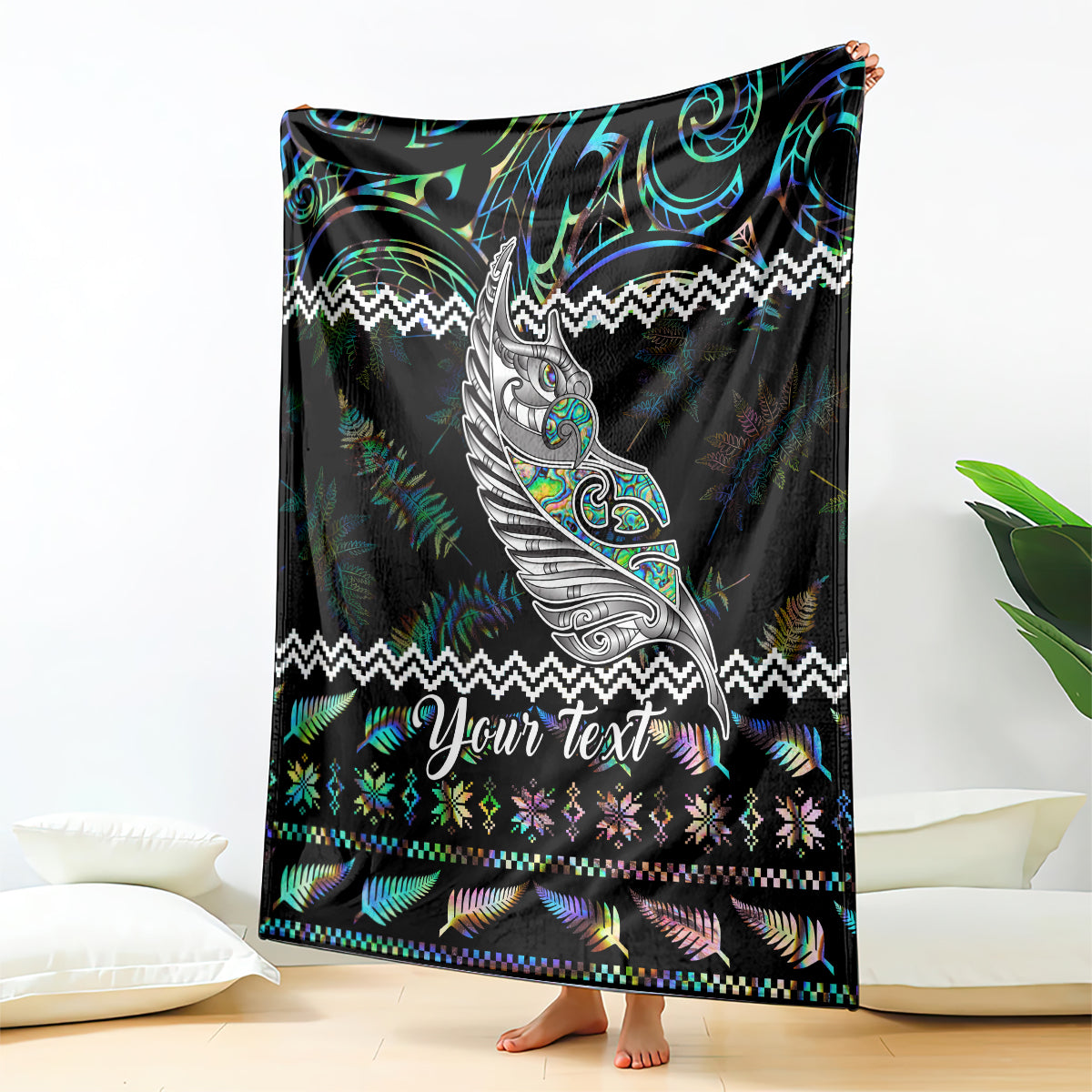 Personalized black Christmas blanket with bird and zigzag patterned design