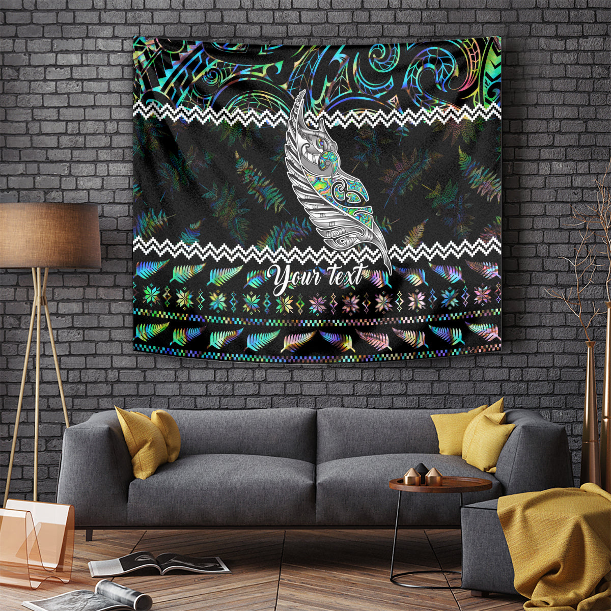 Black Christmas tapestry wall hanging with manaia feather motif, fern and geometric trim, custom text