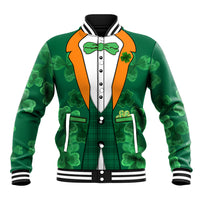 Green unisex varsity baseball jacket with clover print, orange trim, snap button front