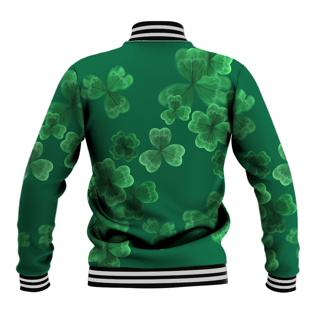 Green unisex baseball jacket with allover clover pattern and ribbed striped collar cuffs