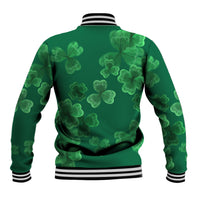 Green unisex baseball jacket with allover clover pattern and ribbed striped collar cuffs