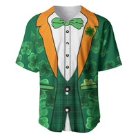 Green baseball jersey with orange tuxedo vest, bow tie clover graphics