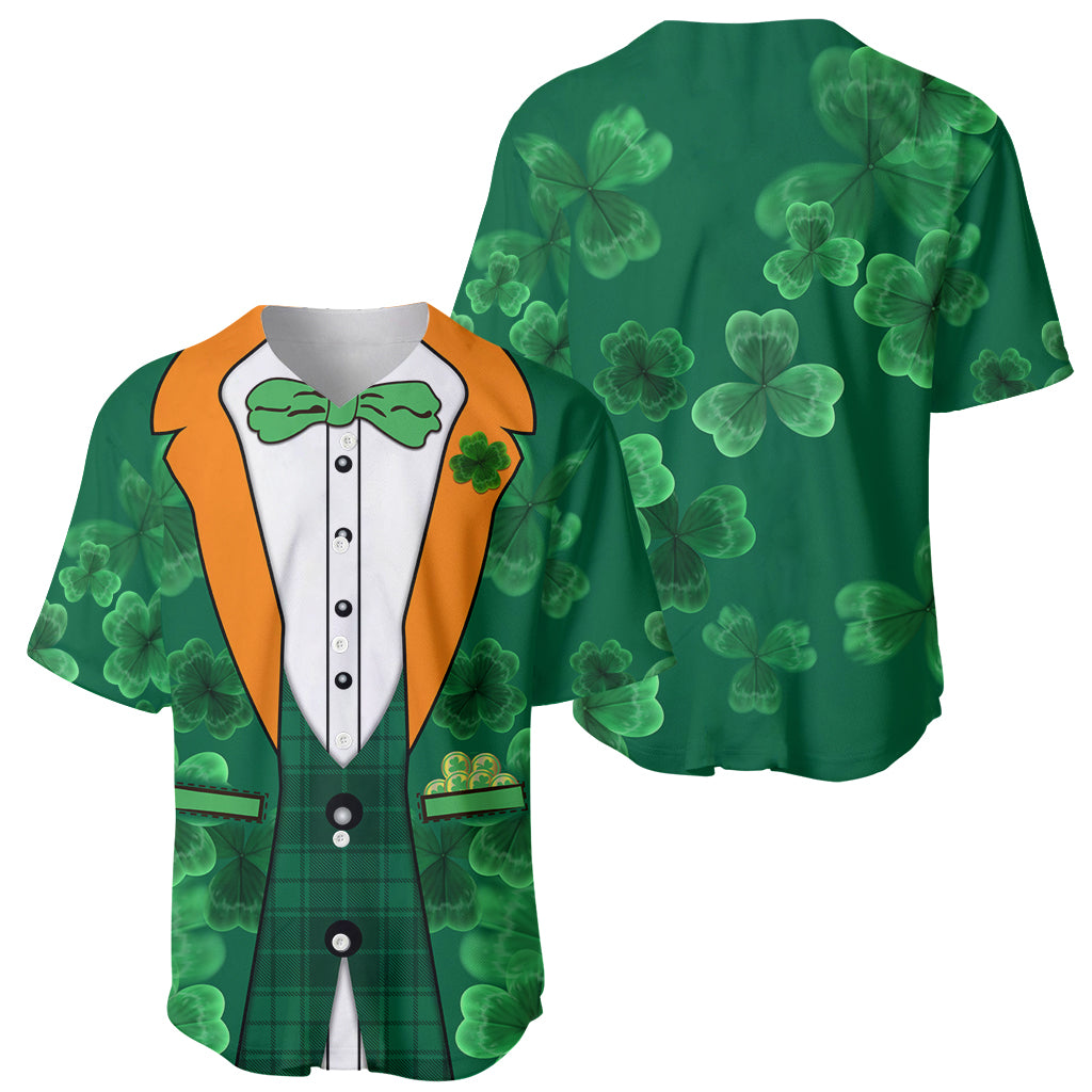 Green baseball jersey with orange tuxedo collar and full clover print