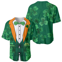 Green baseball jersey with orange tuxedo collar and full clover print