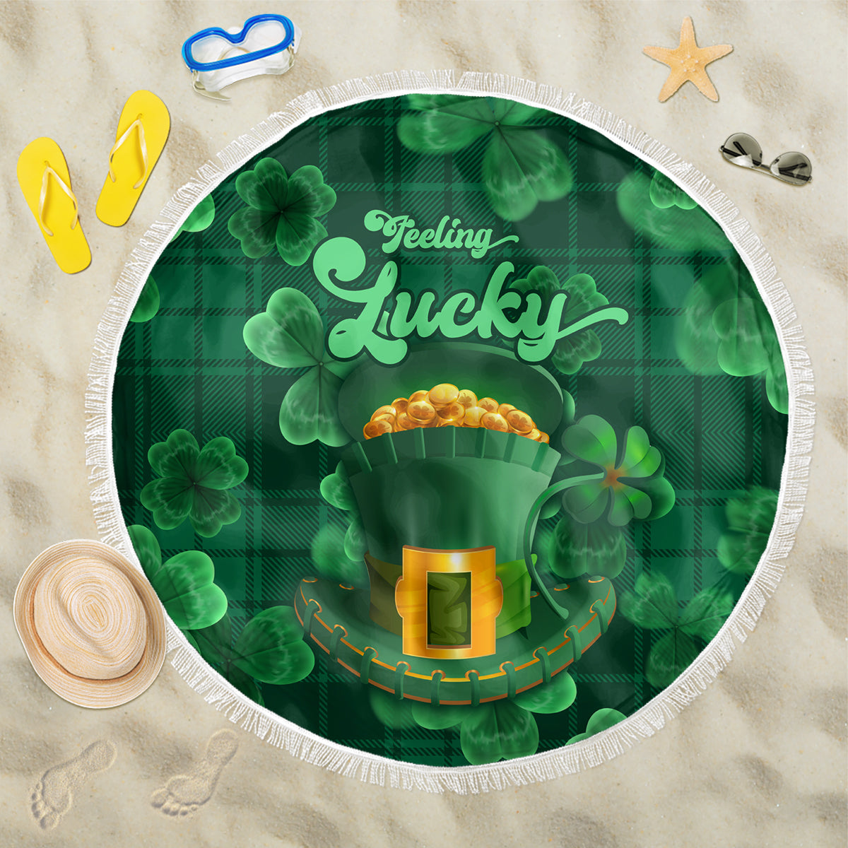 Round green beach blanket with white fringe, "Feeling Lucky" shamrock pot graphic