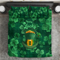 Green clover-themed bedding set with Lucky text and leprechaun hat graphic