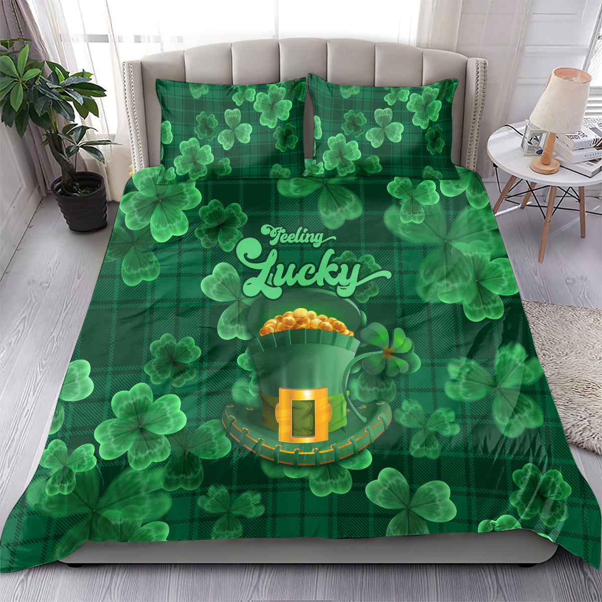 Green clover bedding set with two pillows, Lucky lettering, and hat emblem