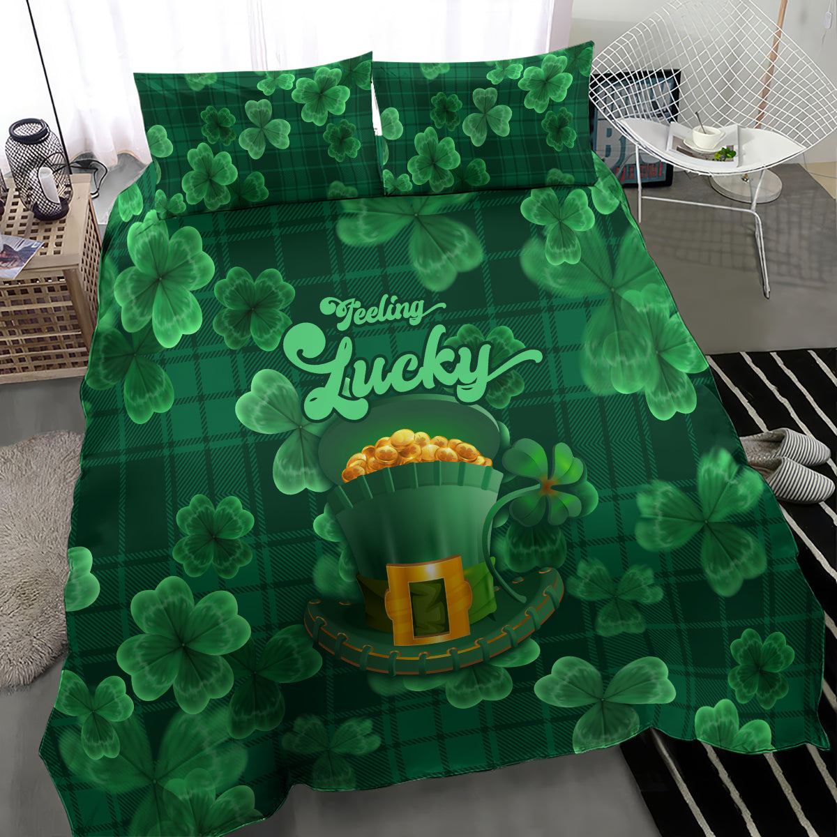 Green clover bedding set with Lucky text and leprechaun hat print, on bed