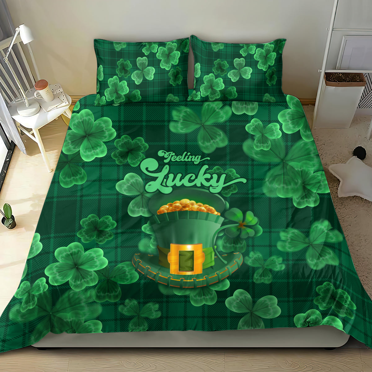 Green clover bedding set with Lucky center graphic and shamrock pattern
