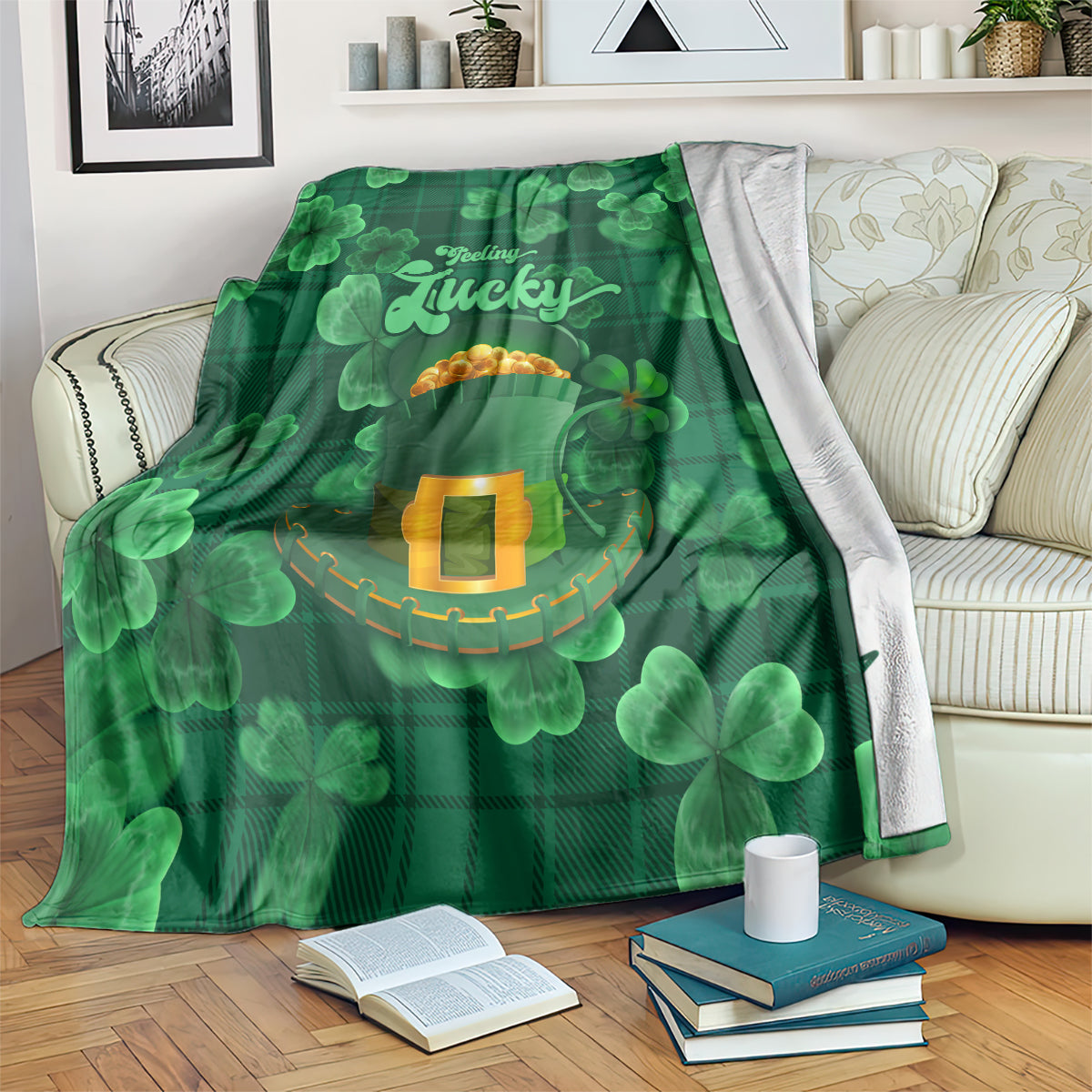 Green shamrock throw blanket with 'Feeling Lucky' text and leprechaun pot graphic