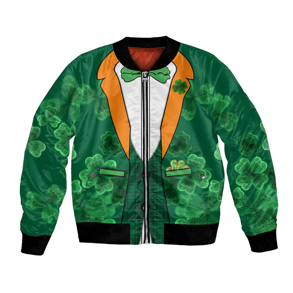 Green bomber jacket with zipper, contrast chest print and shamrock graphic