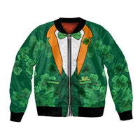 Green bomber jacket with zipper, contrast chest print and shamrock graphic