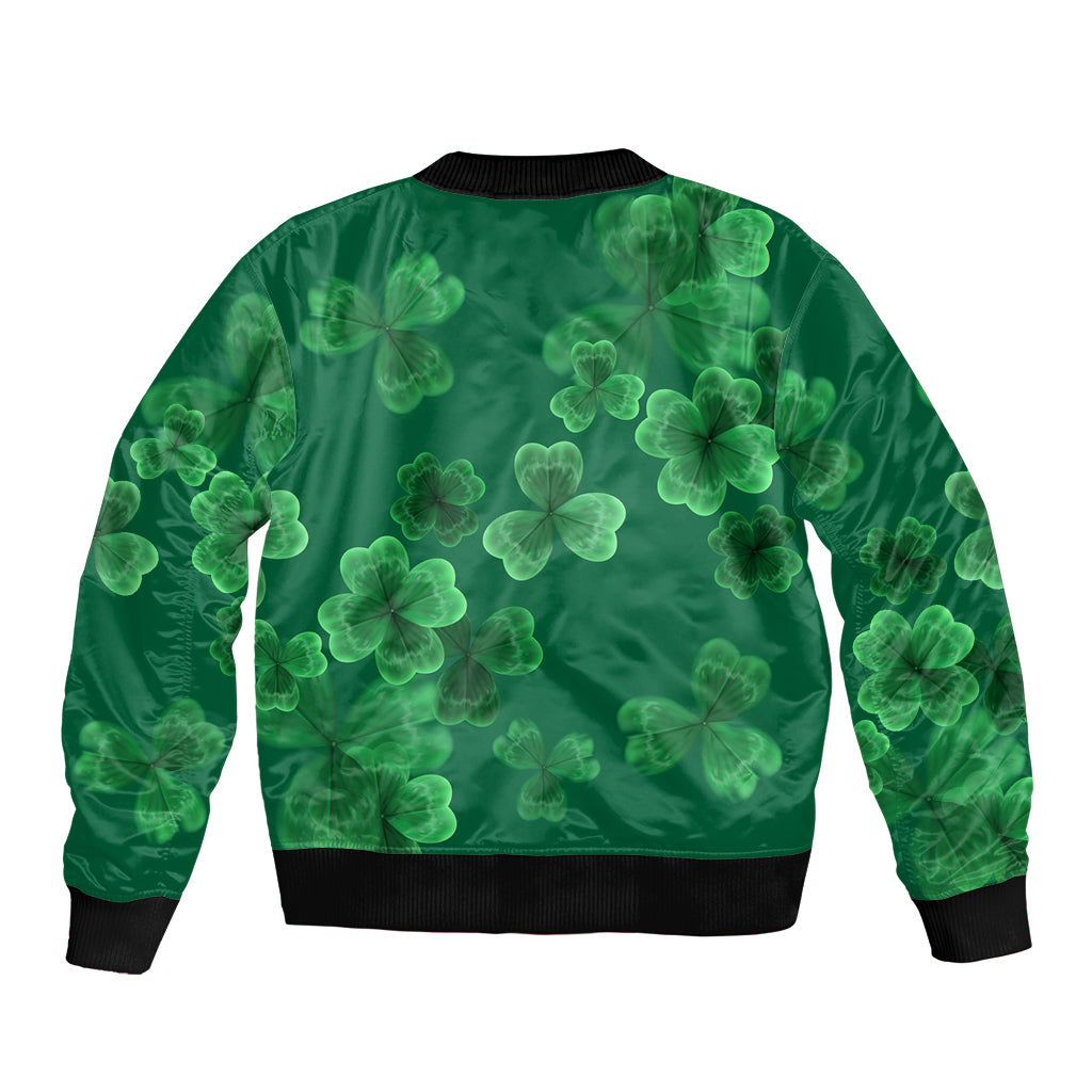 Green bomber jacket with all-over shamrock pattern, ribbed collar and cuffs